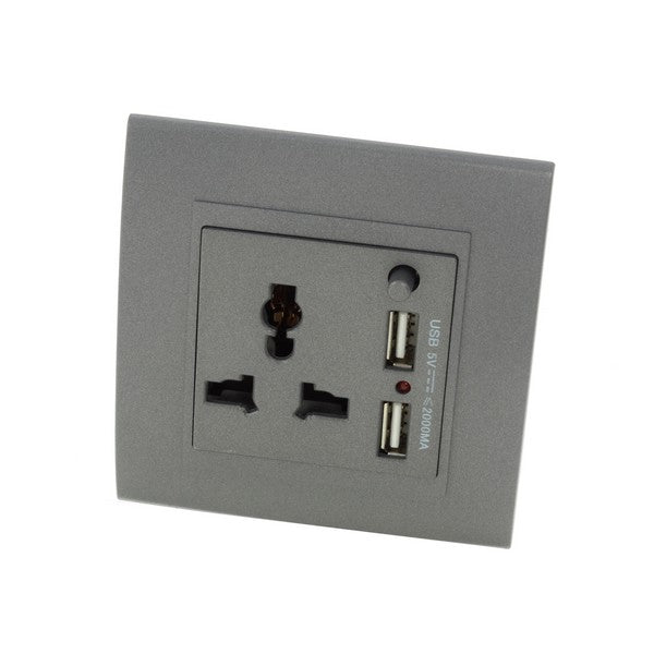 Grey Plastic single Frame with grey insert of 3 pin and 2A USB socket