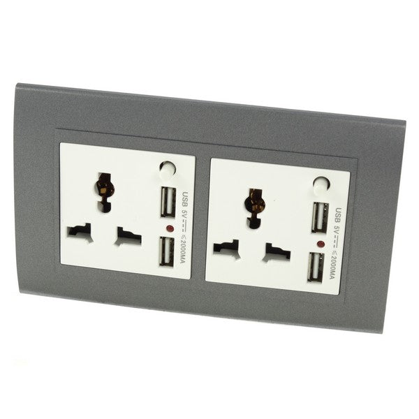 grey plastic double frame with white insert double 3 pin and 4A USB Socket