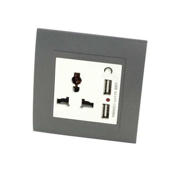 Grey Plastic single Frame with white insert of 3 pin and 2A USB socket