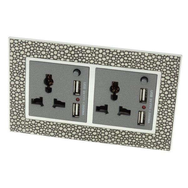 pearl leather double frame with grey insert of double 3 pin and 2A USB socket