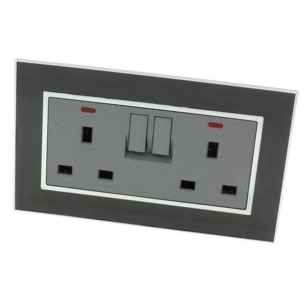 black glass mirror double frame with grey double UK socket with neon and double wall switch