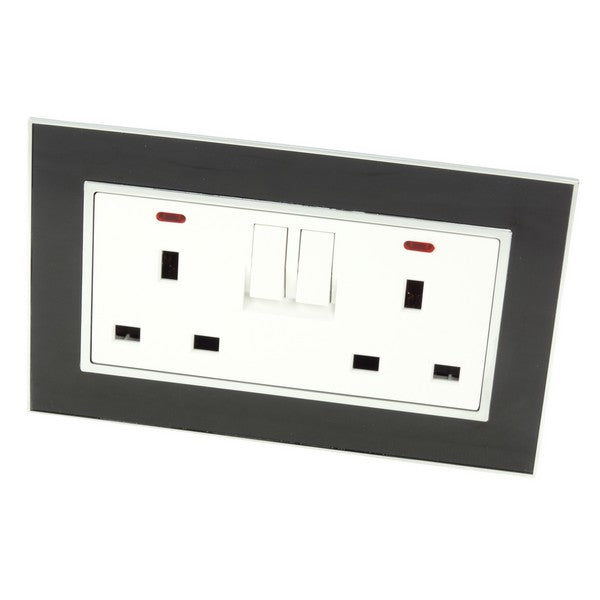 black glass mirror double frame with white double UK socket with neon and double wall switch