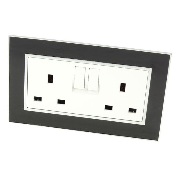 black glass mirror double frame with white double UK socket and double wall switch