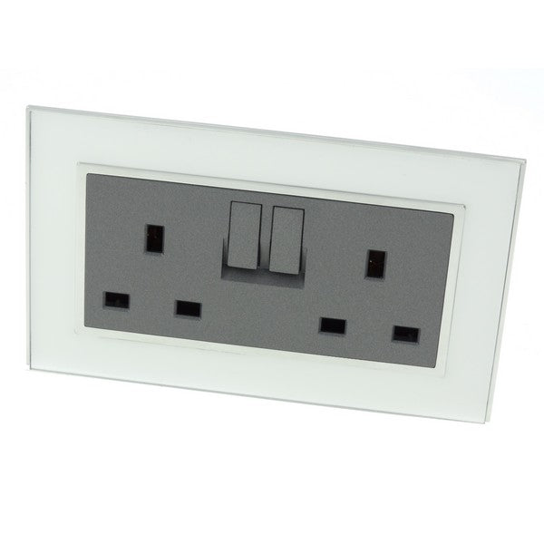 I LumoS AS Luxury White Mirror Glass Double Switched Wall Plug 13A UK Sockets