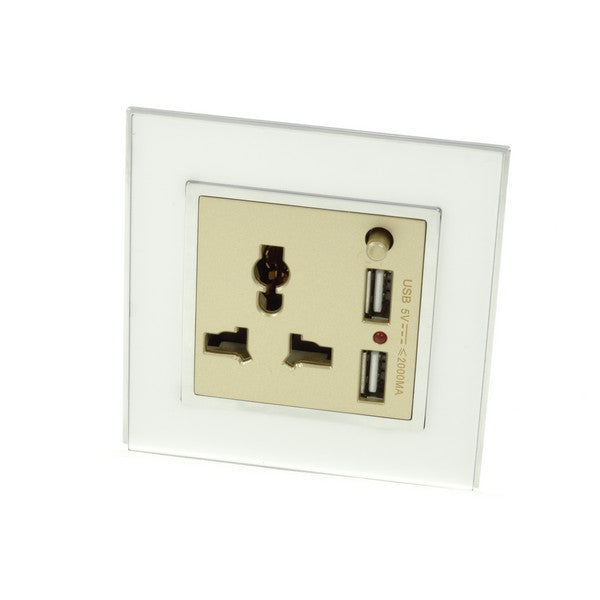 I LumoS AS Luxury White Mirror Glass 3 Pin Multi Plug with 2A USB Single Socket