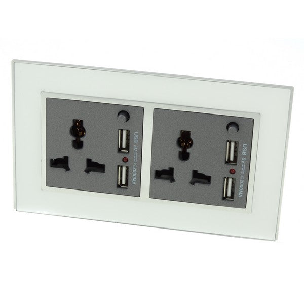 I LumoS AS Luxury White Mirror Glass 3 Pin Multi Plug with 4A USB Double Socket