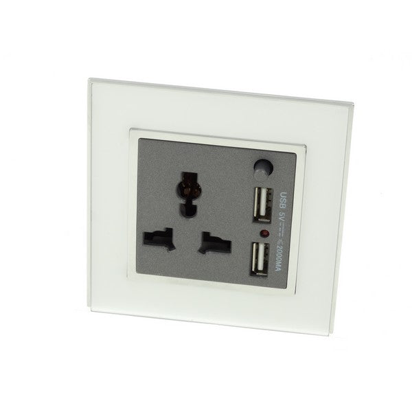 I LumoS AS Luxury White Mirror Glass 3 Pin Multi Plug with 2A USB Single Socket