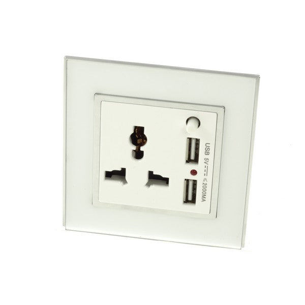 I LumoS AS Luxury White Mirror Glass 3 Pin Multi Plug with 2A USB Single Socket