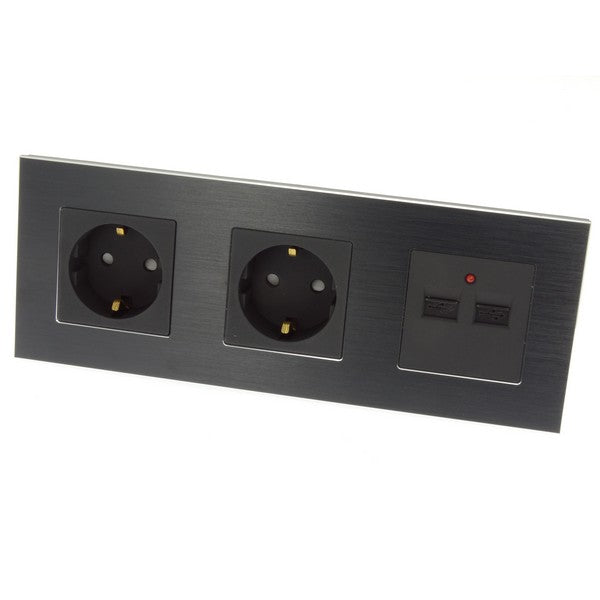 I LumoS Luxury Black Brushed Aluminium Frame Double German EU 16A Schuko + 2.1A USB Triple Socket