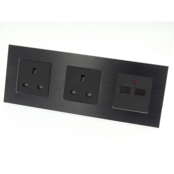 I LumoS Luxury Black Brushed Aluminium Frame Double 13A UK + 2.1A USB Plug Triple Socket