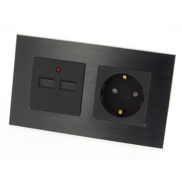 I LumoS Luxury Black Brushed Aluminium Frame 16A Schuko + 2.1A USB Double Socket UK & EU Standard