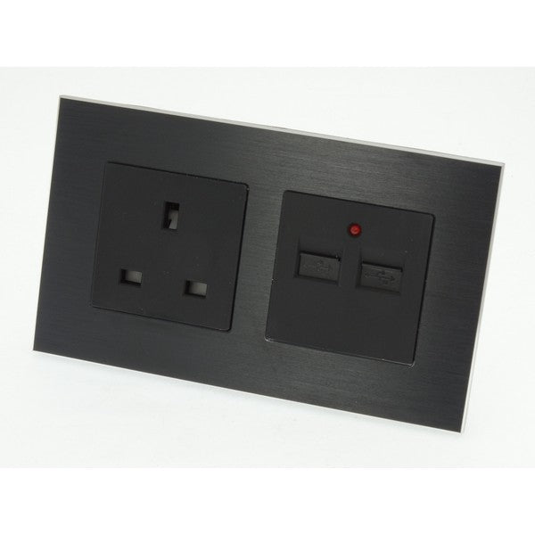 I LumoS Luxury Black Unswitched Brushed Aluminium UK 13A + 2.1A USB Plug Double Socket