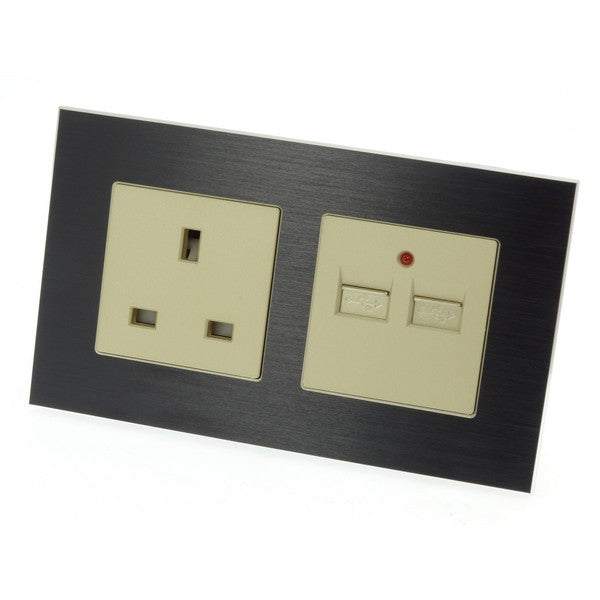 I LumoS Luxury Black Unswitched Brushed Aluminium UK 13A + 2.1A USB Plug Double Socket