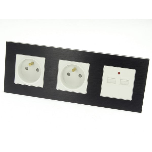 I LumoS Luxury Black Brushed Aluminium Frame Double 16A French + 2.1A USB Triple Socket