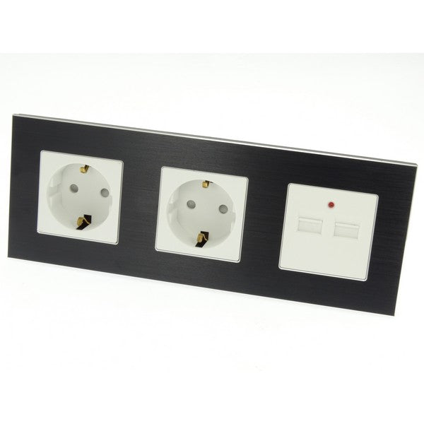 I LumoS Luxury Black Brushed Aluminium Frame Double German EU 16A Schuko + 2.1A USB Triple Socket