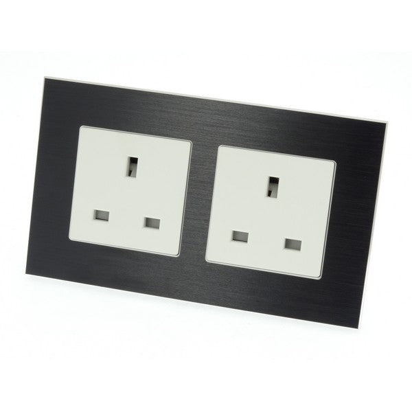 I LumoS Black Unswitched Brushed Aluminium UK 13A Wall Plug Double Socket