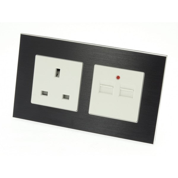 I LumoS Luxury Black Unswitched Brushed Aluminium UK 13A + 2.1A USB Plug Double Socket