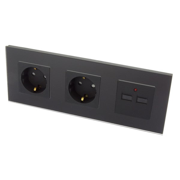 I LumoS Luxury Black Glass Double German EU 16A Schuko + 2.1A USB Triple Socket