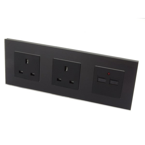 I LumoS Luxury Black Glass Double 13A UK + 2.1A USB Wall Plug Triple Socket