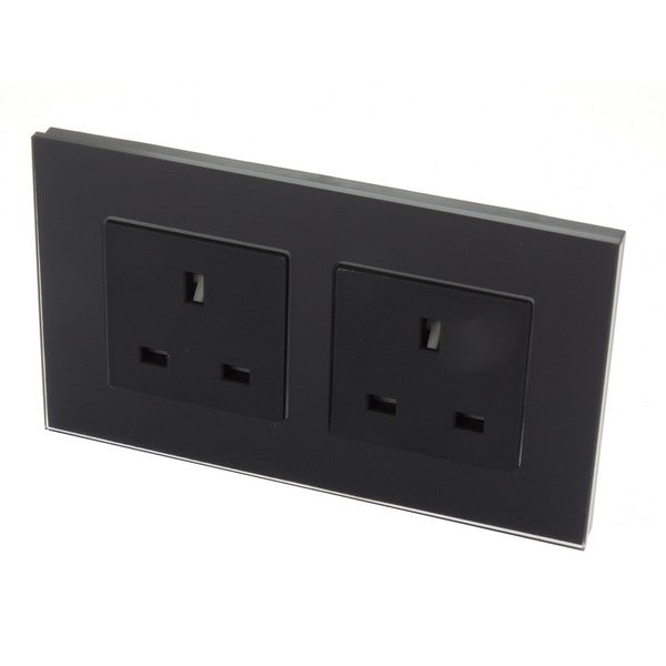 I LumoS Luxury Unswitched Black Glass 13A UK Wall Plug Double Socket