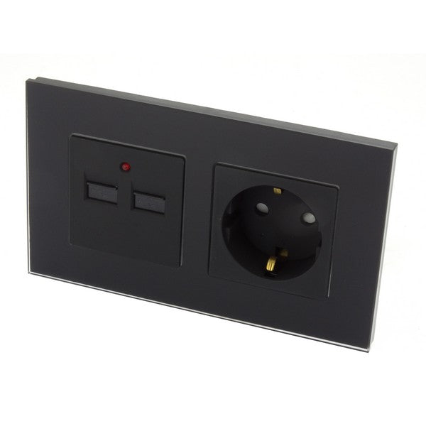 I LumoS Luxury Black Glass 16A German Schuko & 2.1A USB Charger EU Double Socket