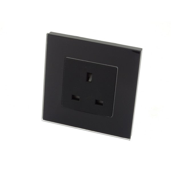 I LumoS Luxury Unswitched Black Glass Frame UK 13A Wall Plug Single Socket