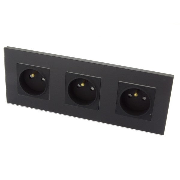 I LumoS Luxury Black Glass 16A French Wall Plug Triple Socket