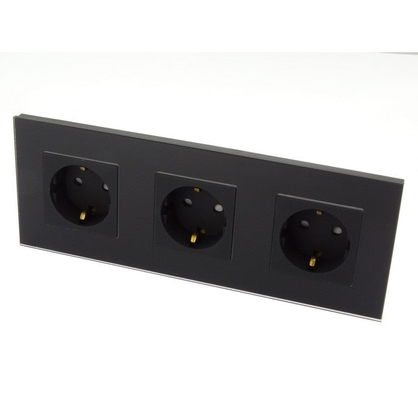 I LumoS Luxury Black Glass 16A German Schuko Wall Plug Triple Socket