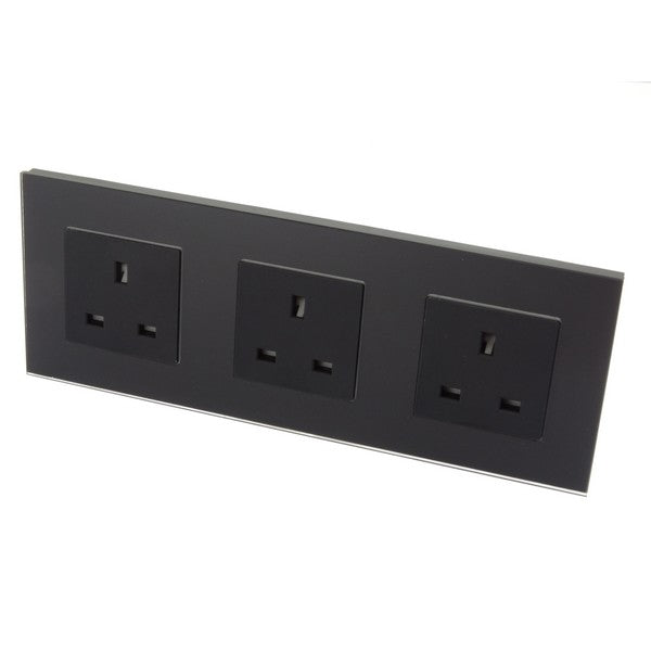 I LumoS Luxury Unswitched Black Glass Frame UK 13A Wall Plug Triple Socket