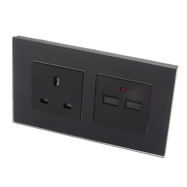 I LumoS Luxury Black Glass 13A UK & 2.1A USB Charger Double Socket