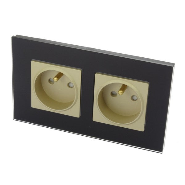 I LumoS Luxury Black Glass 16A French Wall Plug Double Socket UK & EU Standard