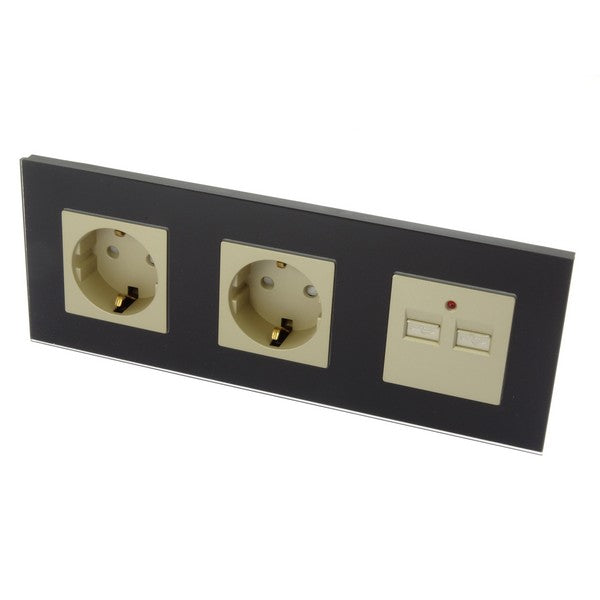 I LumoS Luxury Black Glass Double German EU 16A Schuko + 2.1A USB Triple Socket