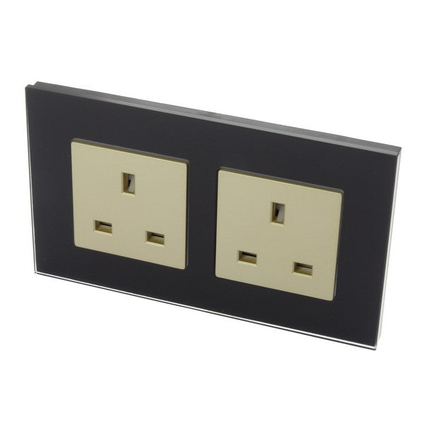 I LumoS Luxury Unswitched Black Glass 13A UK Wall Plug Double Socket