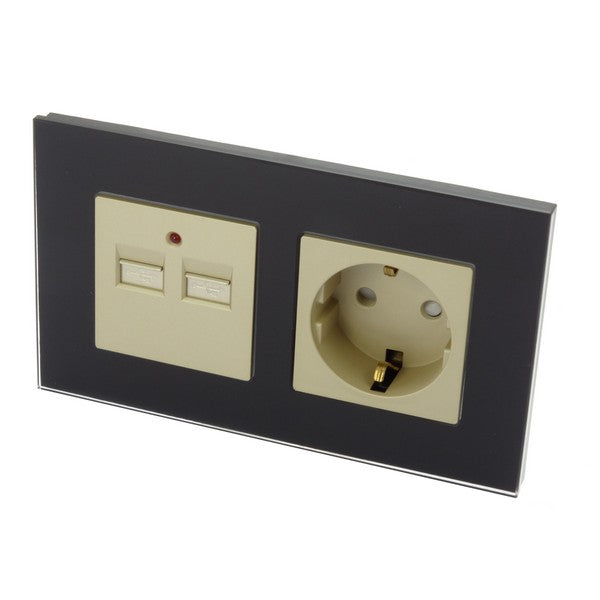 I LumoS Luxury Black Glass 16A German Schuko & 2.1A USB Charger EU Double Socket