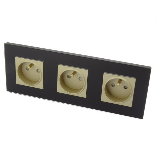 I LumoS Luxury Black Glass 16A French Wall Plug Triple Socket