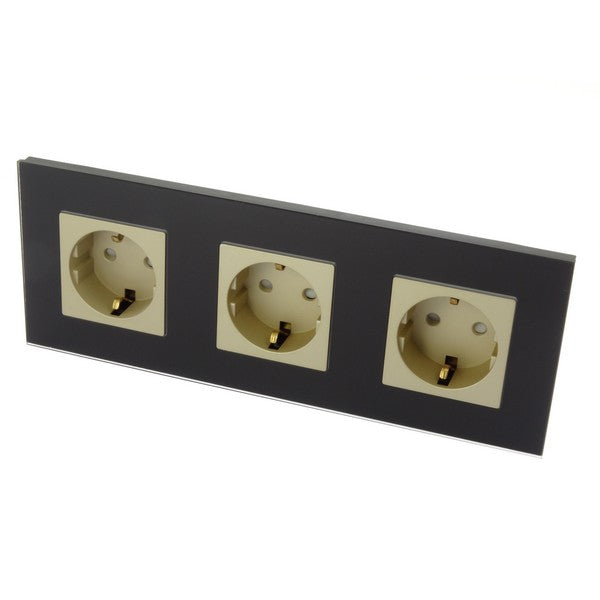 I LumoS Luxury Black Glass 16A German Schuko Wall Plug Triple Socket