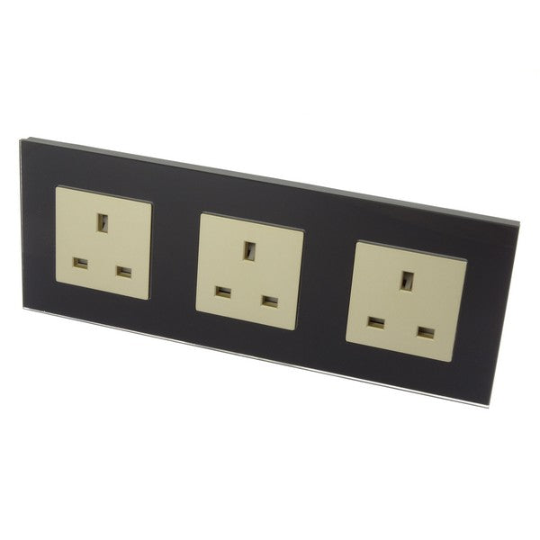 I LumoS Luxury Unswitched Black Glass Frame UK 13A Wall Plug Triple Socket