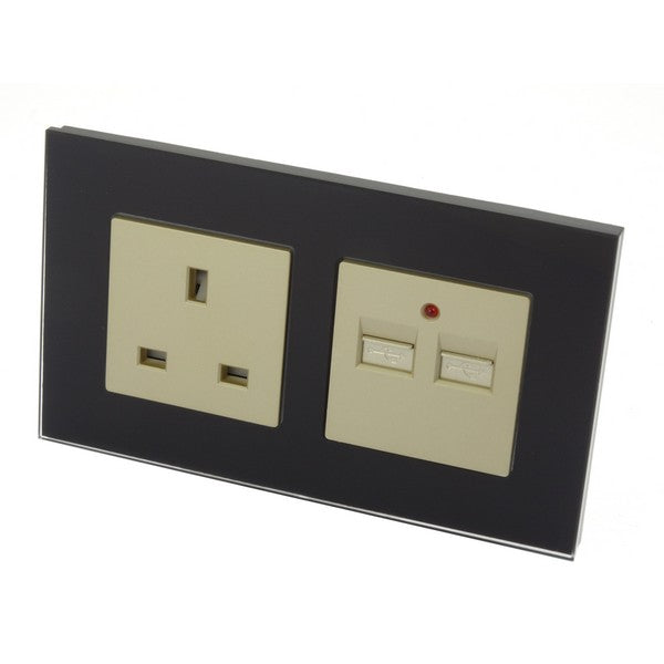 I LumoS Luxury Black Glass 13A UK & 2.1A USB Charger Double Socket