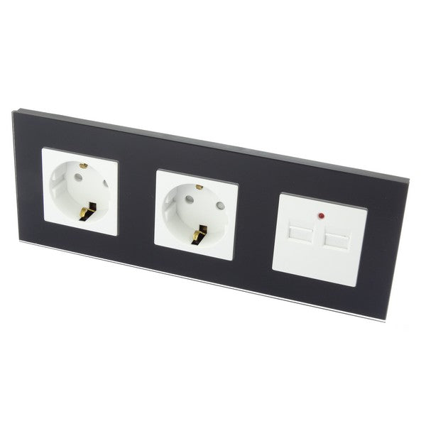 I LumoS Luxury Black Glass Double German EU 16A Schuko + 2.1A USB Triple Socket