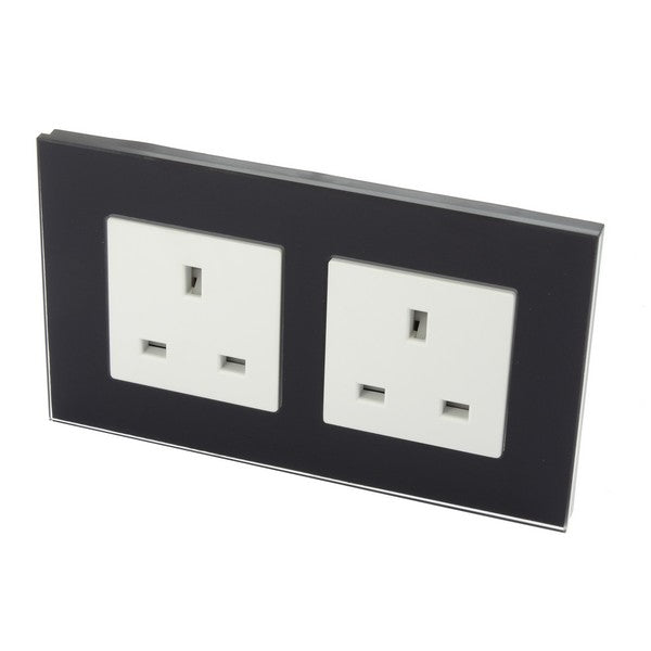 I LumoS Luxury Unswitched Black Glass 13A UK Wall Plug Double Socket