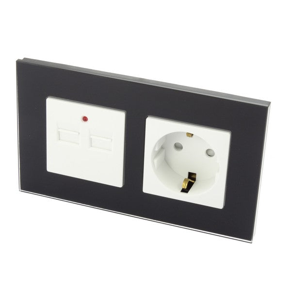 I LumoS Luxury Black Glass 16A German Schuko & 2.1A USB Charger EU Double Socket