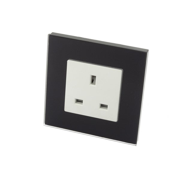 I LumoS Luxury Unswitched Black Glass Frame UK 13A Wall Plug Single Socket