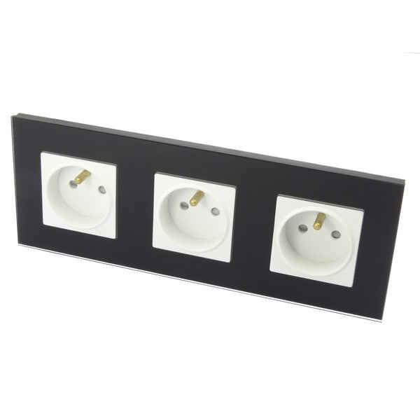 I LumoS Luxury Black Glass 16A French Wall Plug Triple Socket