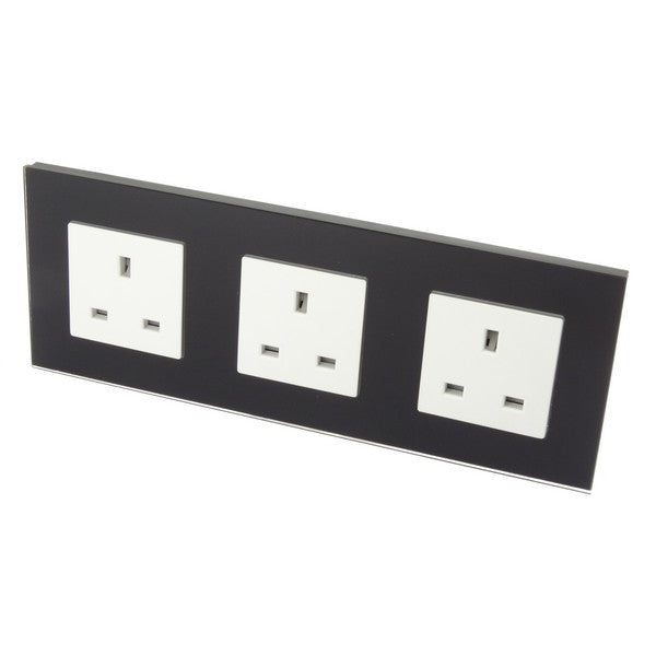 I LumoS Luxury Unswitched Black Glass Frame UK 13A Wall Plug Triple Socket