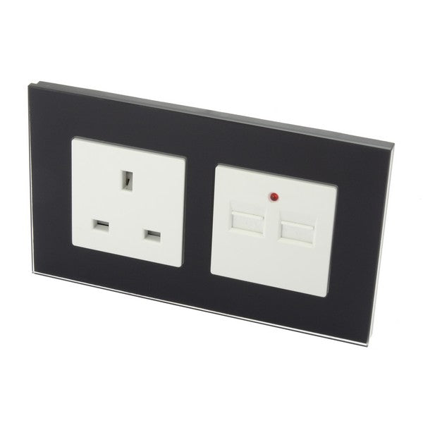 I LumoS Luxury Black Glass 13A UK & 2.1A USB Charger Double Socket