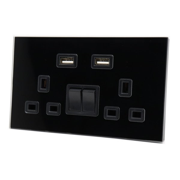 I LumoS Luxury Black Glass Panel 13A Switched UK Plug Double Socket with 3.1A Double USB Charger