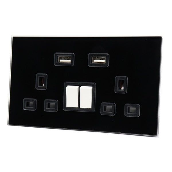 I LumoS Luxury Black Glass Panel 13A Switched UK Plug Double Socket with 3.1A Double USB Charger