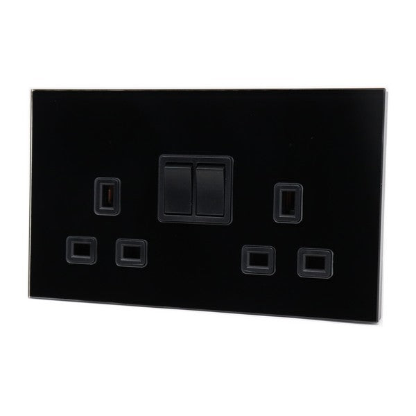 I LumoS Luxury Black Glass Panel 13A Switched UK Plug Double Socket