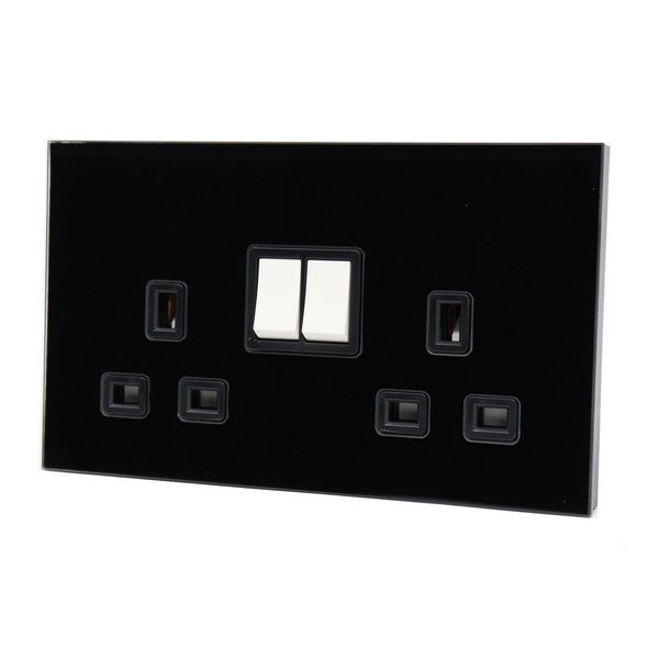 I LumoS Luxury Black Glass Panel 13A Switched UK Plug Double Socket