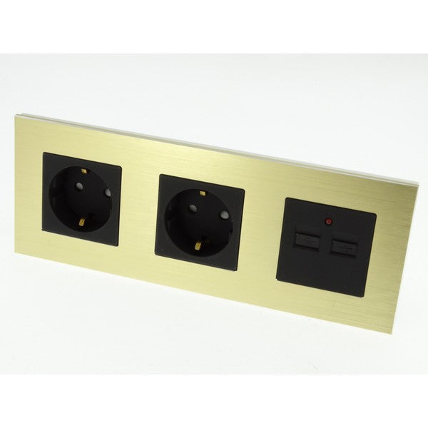 I LumoS Luxury Gold Brushed Aluminium Frame Double German EU 16A Schuko + 2.1A USB Triple Socket